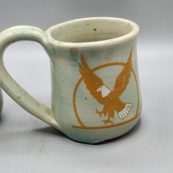 Hand Made Studio Art Pottery Mug Thumb Rest Tan Drip Glaze Signed Eagle - Picture 2 of 5